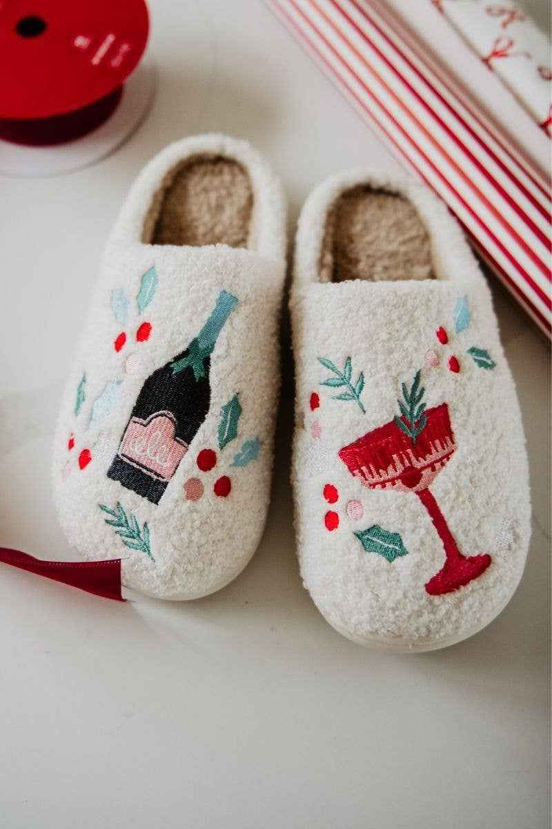 Holiday Champagne, Coupes & Holly Slippers for Women