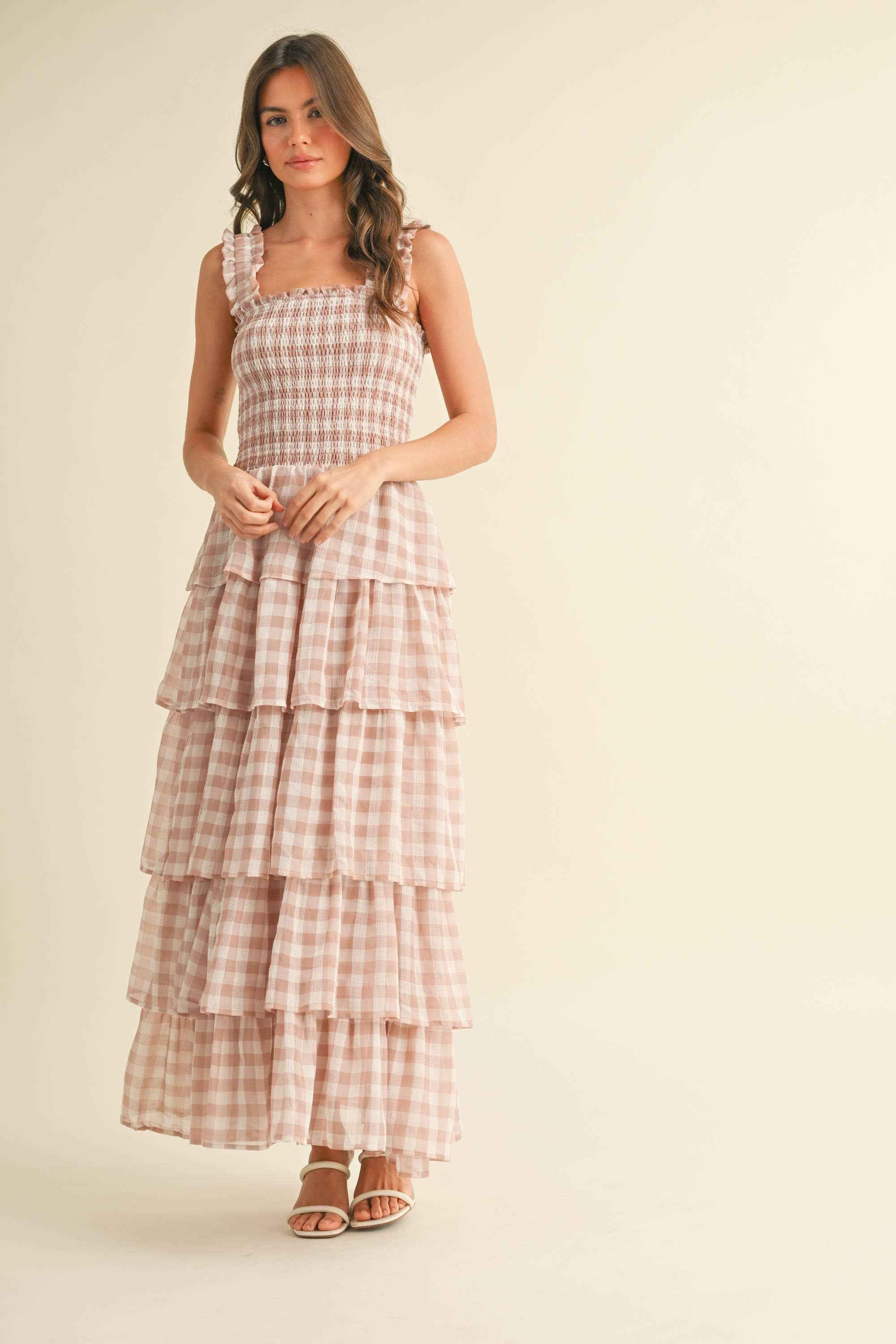 ID8988  CHECKERED TIER RUFFLED SMOCKED STRAPS MAXI DRESS