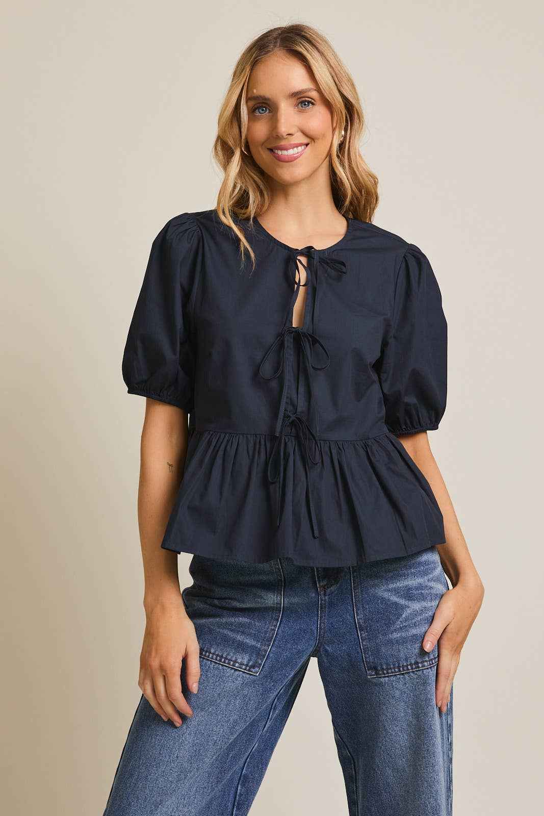 The Flirty Girl - Womans work top - Woman's casual top - Woman's Blue shirtsleeve top - The Envy Co, Painesville OH