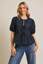 The Flirty Girl - Womans work top - Woman's casual top - Woman's Blue shirtsleeve top - The Envy Co, Painesville OH