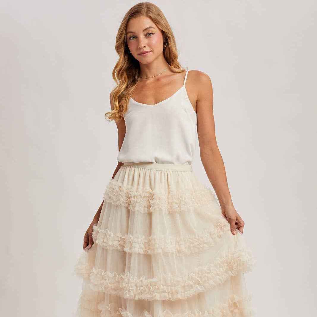 ROMANTIC RUFFLE TIERED TULLE MIDI SKIRT