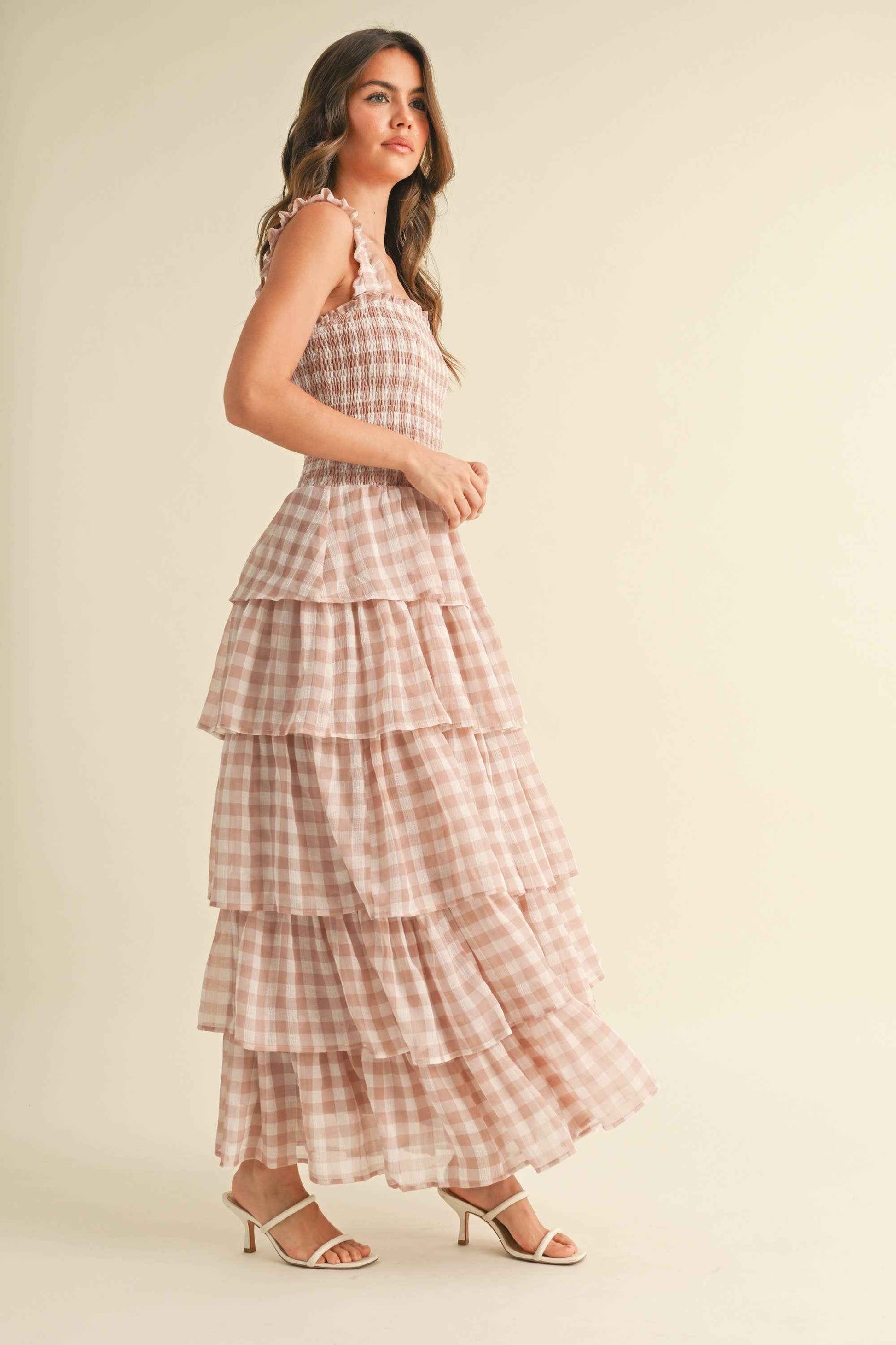 ID8988  CHECKERED TIER RUFFLED SMOCKED STRAPS MAXI DRESS
