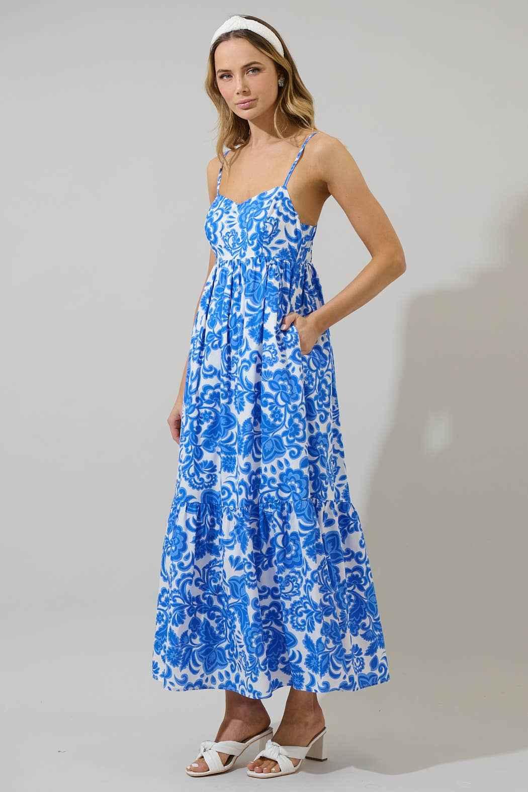Magee Floral Cabana Flowy Maxi Dress WHT-BLUE-MULTI / S by Sugarlips Magee Floral Cabana Flowy Maxi Dress WHT-BLUE-MULTI / S by Sugarlips