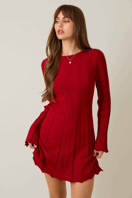 LONG SLEEVE FLARE RIBBED SWEATER MINI DRESS