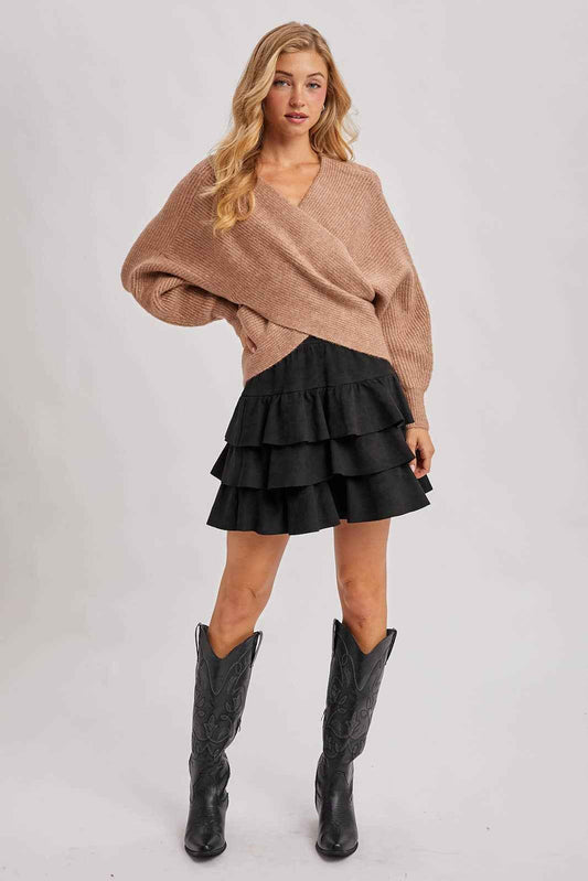 FAUX SUEDE TIERED RUFFLE PAPERBAG WAISTBAND MINI SKIRT: Black / L