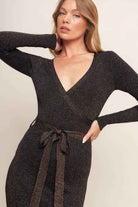 Metallic thread ribbed sweater knit midi dress - ISW5020 BR