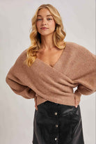 WRAP CROSSOVER RIBBED FUZZY KNIT SWEATER PULLOVER