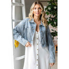 Rhinestone Fringe Cropped Denim Moto Jacket