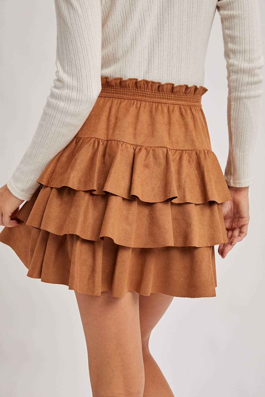 FAUX SUEDE TIERED RUFFLE PAPERBAG WAISTBAND MINI SKIRT