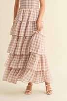 ID8988  CHECKERED TIER RUFFLED SMOCKED STRAPS MAXI DRESS