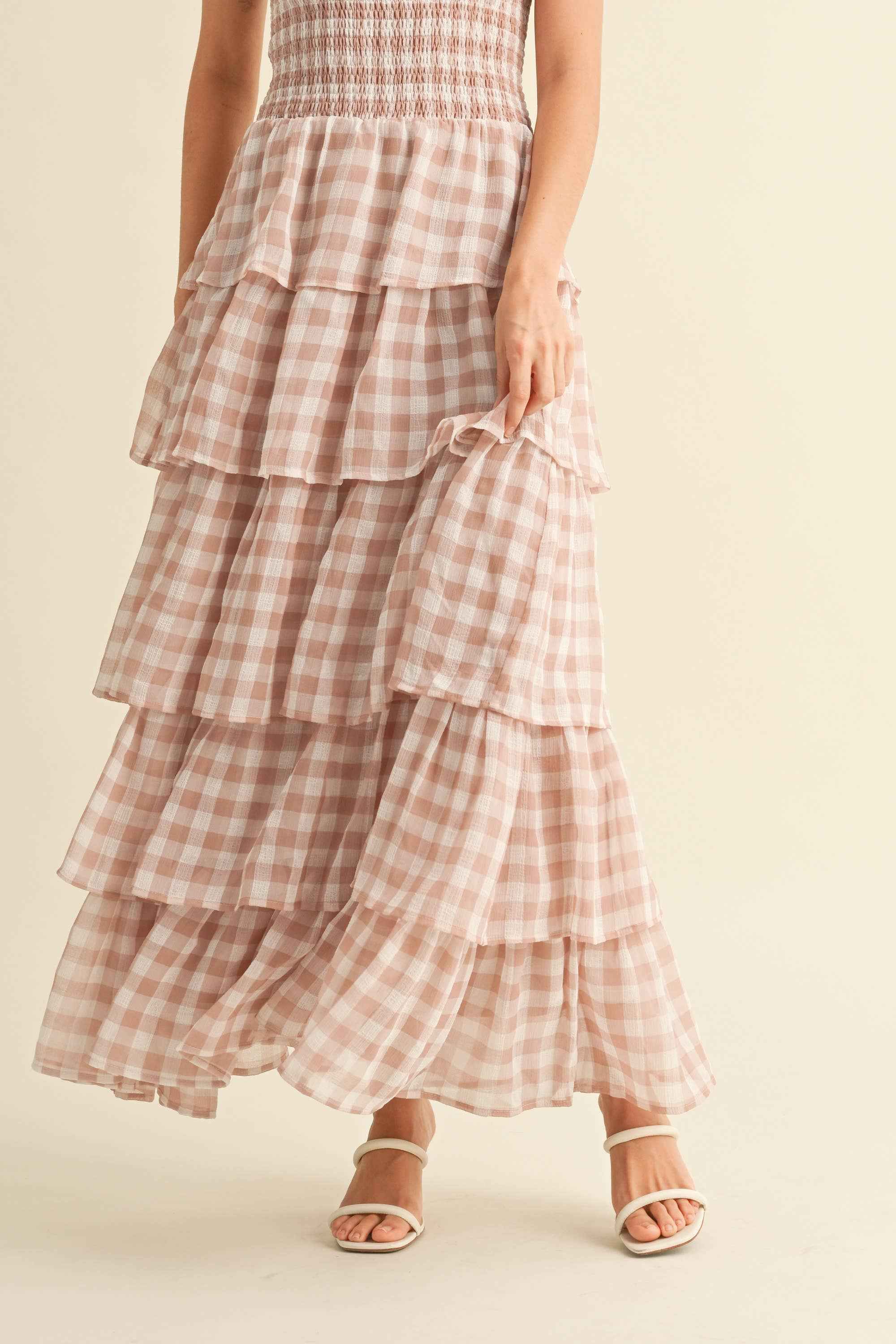 ID8988  CHECKERED TIER RUFFLED SMOCKED STRAPS MAXI DRESS