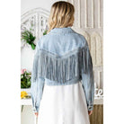 Rhinestone Fringe Cropped Denim Moto Jacket