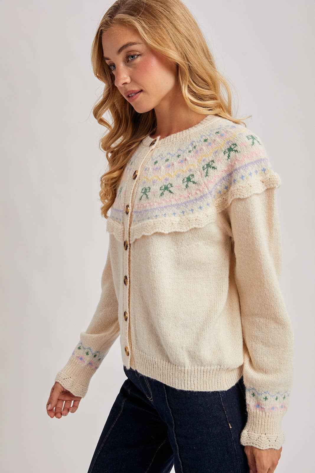 BUTTON FRONT FAIR ISLE KNIT SWEATER TOP