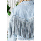 Rhinestone Fringe Cropped Denim Moto Jacket