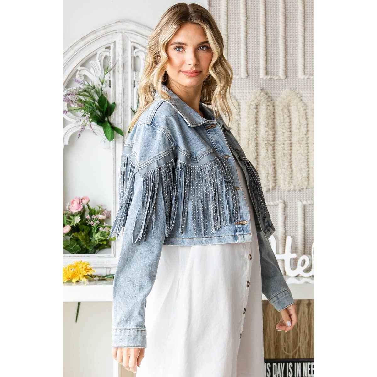 Rhinestone Fringe Cropped Denim Moto Jacket