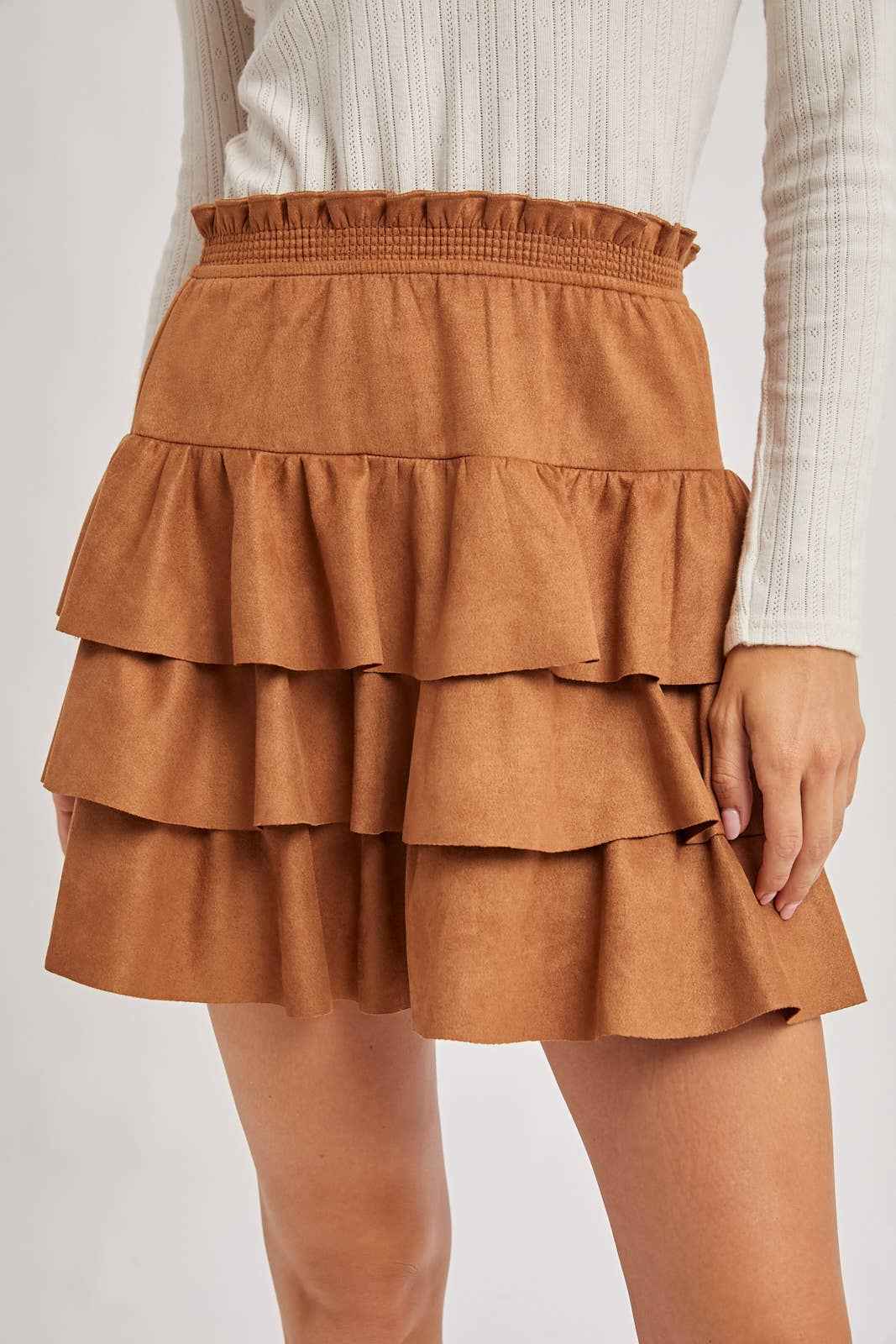 FAUX SUEDE TIERED RUFFLE PAPERBAG WAISTBAND MINI SKIRT