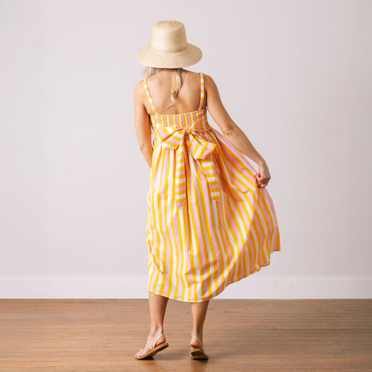 Sunkissed Stripe Reef Dress - The Envy Cosummer dress - summer midi dress - striped dress - womans dress - womans vacation dress - womans party dress - vacation outfit - vacation dress - yellow womans dress - bright colored womans dress - feminine womans outfit - lightweight womans dress - feminine outfit - womans dinner dress