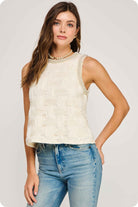 Pearl Trim Detail Texture Sleeveless Top