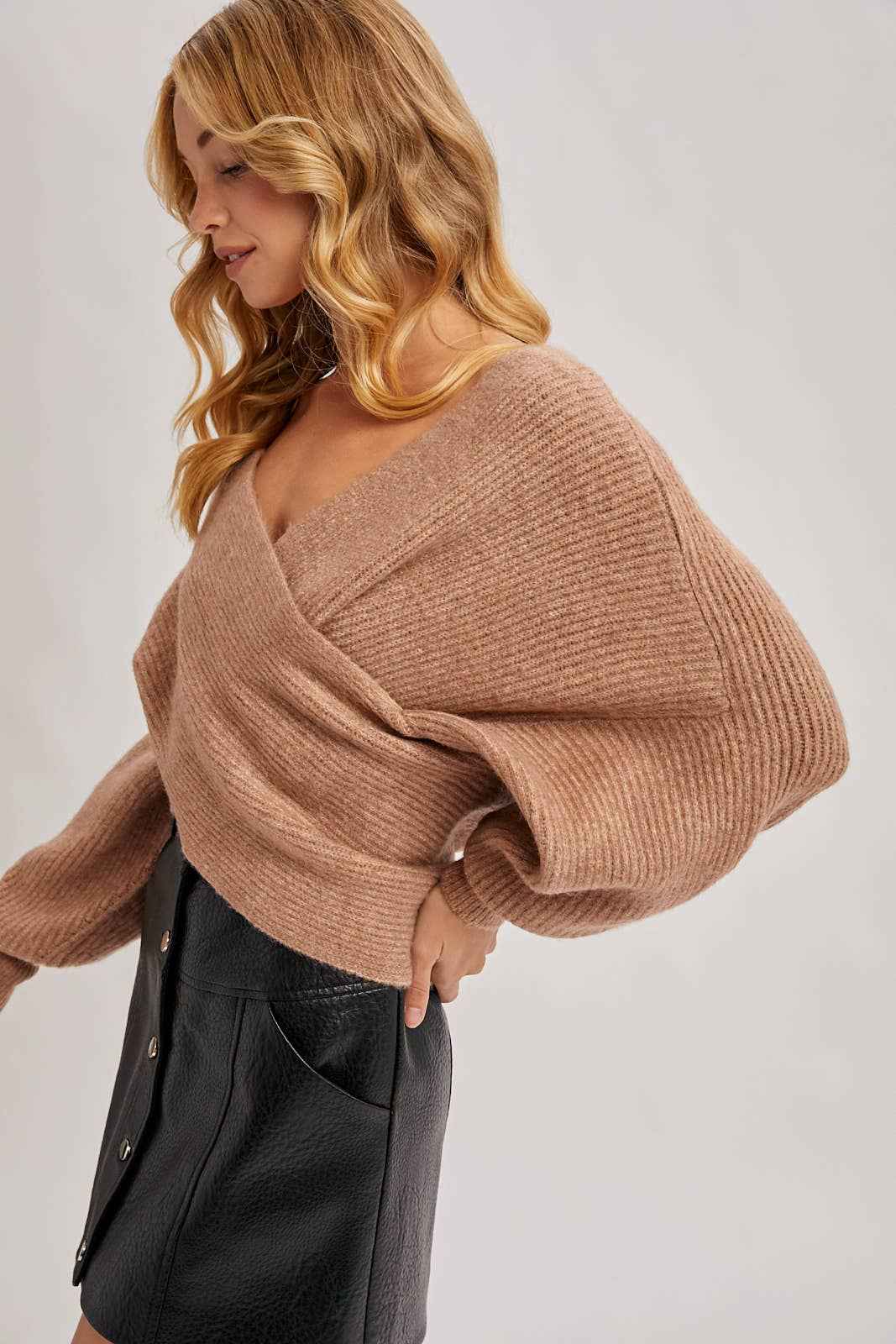 WRAP CROSSOVER RIBBED FUZZY KNIT SWEATER PULLOVER