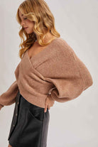 WRAP CROSSOVER RIBBED FUZZY KNIT SWEATER PULLOVER