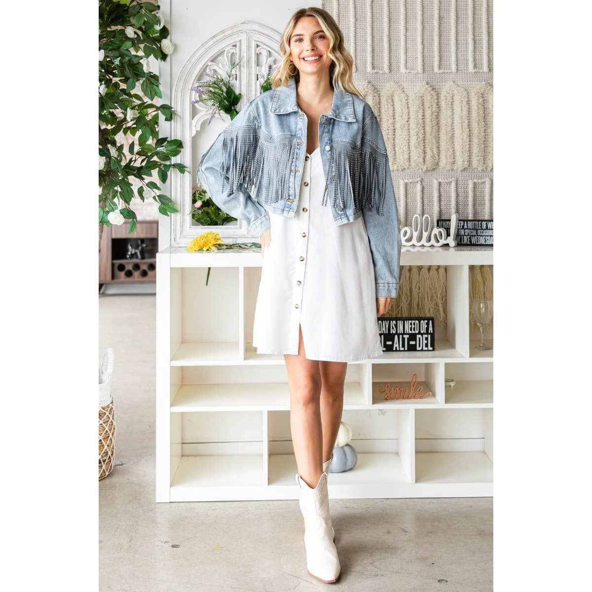 Rhinestone Fringe Cropped Denim Moto Jacket