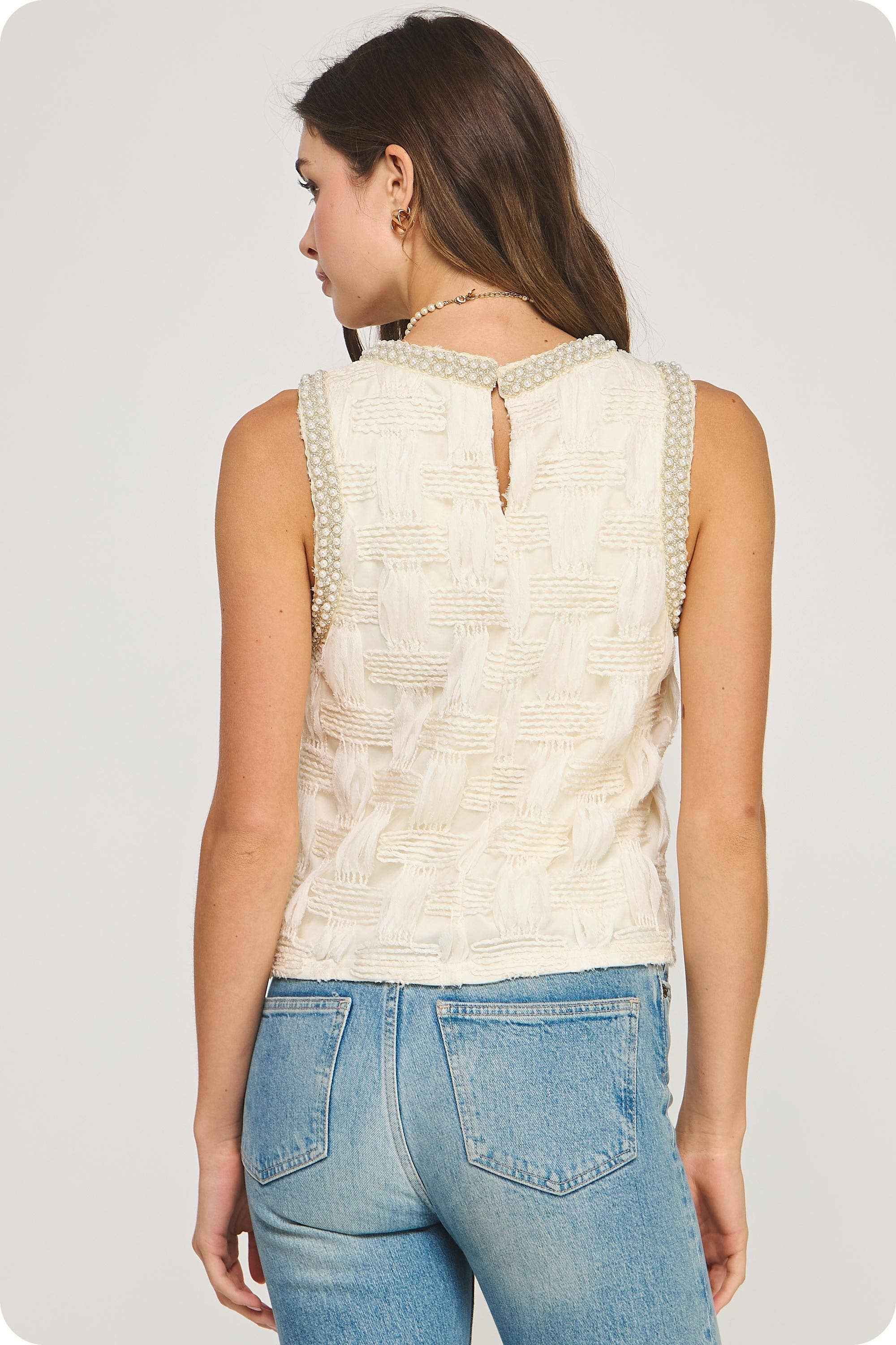 Pearl Trim Detail Texture Sleeveless Top