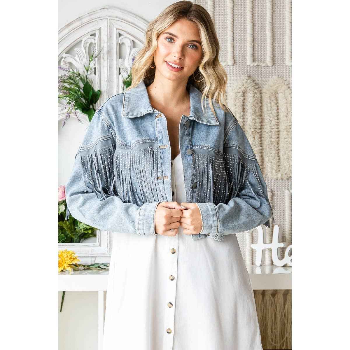 Rhinestone Fringe Cropped Denim Moto Jacket
