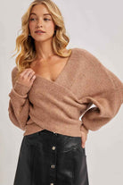 WRAP CROSSOVER RIBBED FUZZY KNIT SWEATER PULLOVER