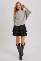 FAUX SUEDE TIERED RUFFLE PAPERBAG WAISTBAND MINI SKIRT: Black / L