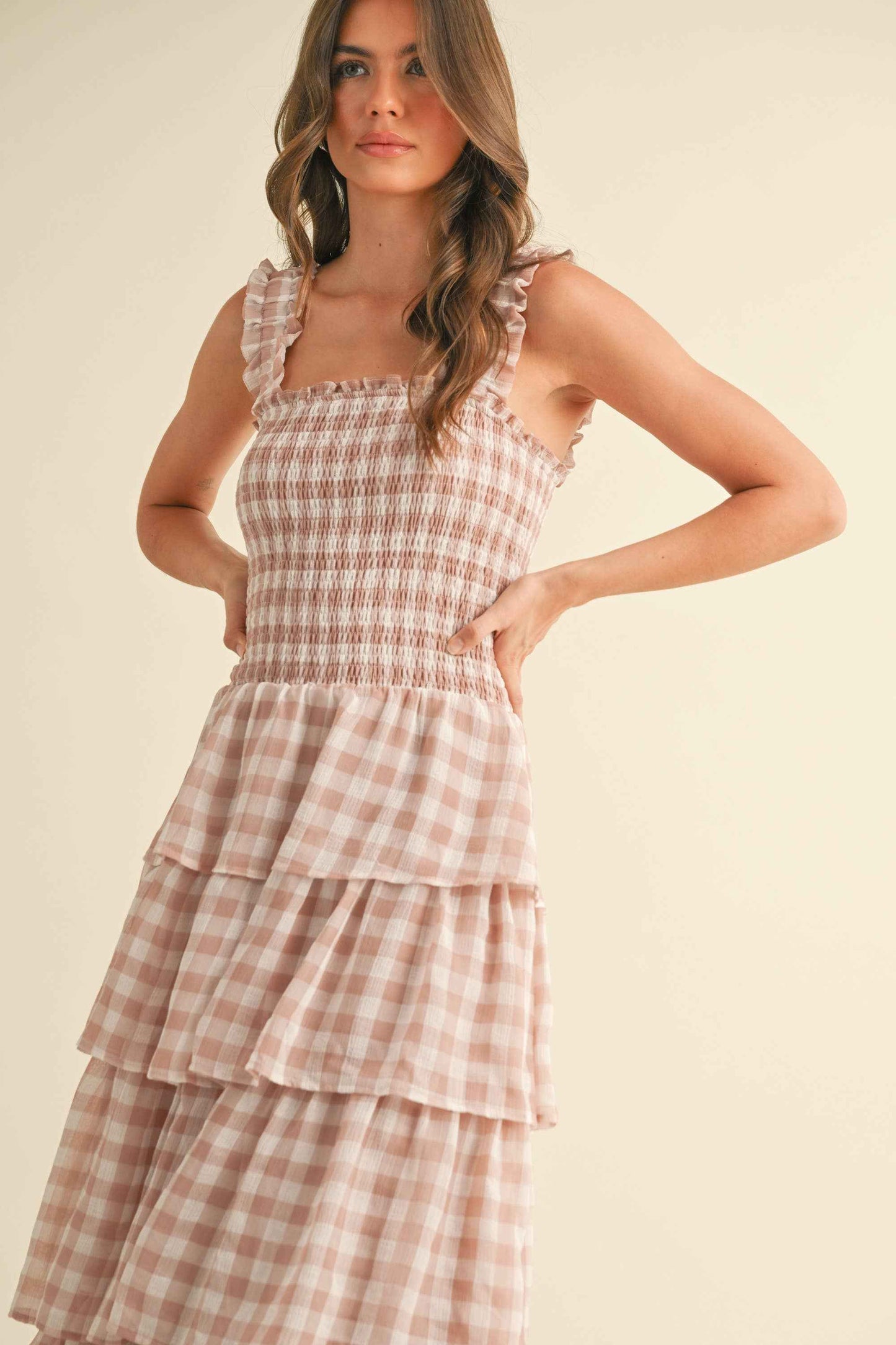 ID8988  CHECKERED TIER RUFFLED SMOCKED STRAPS MAXI DRESS