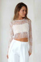 Bridal Top - Bridal clothing - Bachelorette Top - Nashville outfit - Nashville Outfit Inso - Crop Top - White sequin & pearl top - Embellished bridal top - Woman's Bridal Boutique - Lake County OH - Columbus - Cleveland